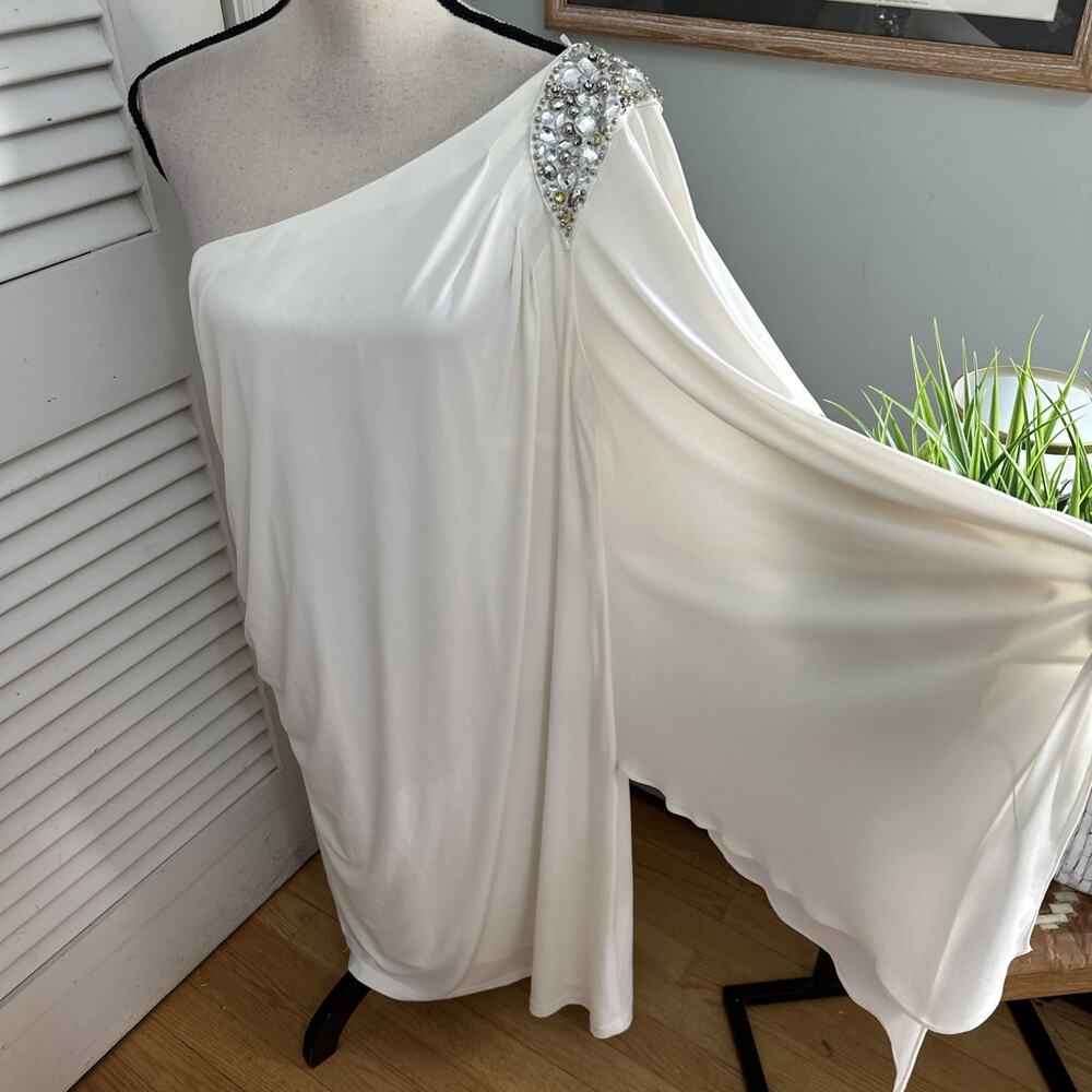 R&M Richards Dress 18W White One Shoulder Rhinestone Ruched Evening Formal Gala - Picture 2 of 10